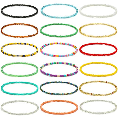 XIJIN 18 Pieces Elastic Beaded Anklets for Women Girls Handmade Beach Boho Colorful Beads Ankle Bracelets Set