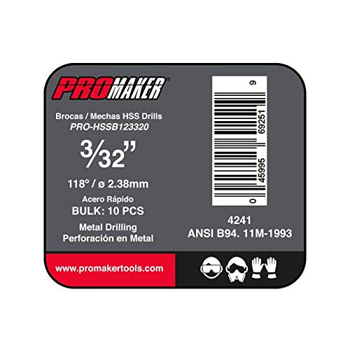 PROMAKER HSS Tip Metal Drill Bits 3/32 inch (10 PCs) for Metal, Steel, Cast Iron, Wood and Plastic 4241 PRO-HSSB123320