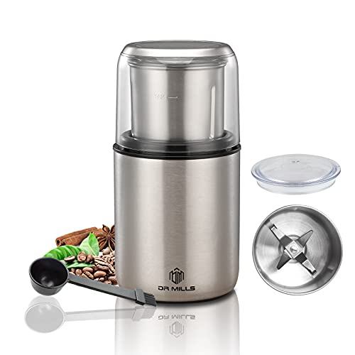 DR MILLS DM-7452 Electric Coffee Grinder,Spice Grinder Electric and chopper,detachable cup,Grinder diswash free, Blade & cup made with SUS304 stianlees steel