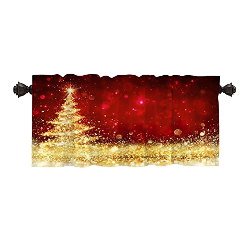 Batmerry Christmas Tree Golden Kitchen Valances Half Window Curtain, Red and Gold Glitter Christmas Tree Kitchen Valances for Windows Heat Insulated Valance for Decor Reducing The Light 52x18 Inch