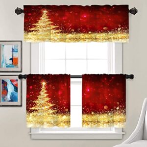 Batmerry Christmas Tree Golden Kitchen Valances Half Window Curtain, Red and Gold Glitter Christmas Tree Kitchen Valances for Windows Heat Insulated Valance for Decor Reducing The Light 52x18 Inch