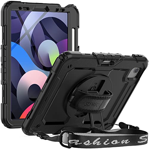 SEYMAC iPad Air 5th/ 4th Generation Case 10.9 Inch, Full-Body Shockproof Protective Case with Screen Protector, 360° Rotating Stand/Handle/Shoulder Strap/Pencil Holder for iPad Air 5/ Air 4, Black