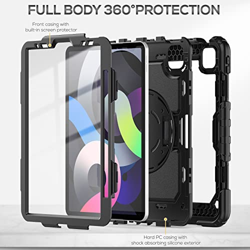 SEYMAC iPad Air 5th/ 4th Generation Case 10.9 Inch, Full-Body Shockproof Protective Case with Screen Protector, 360° Rotating Stand/Handle/Shoulder Strap/Pencil Holder for iPad Air 5/ Air 4, Black