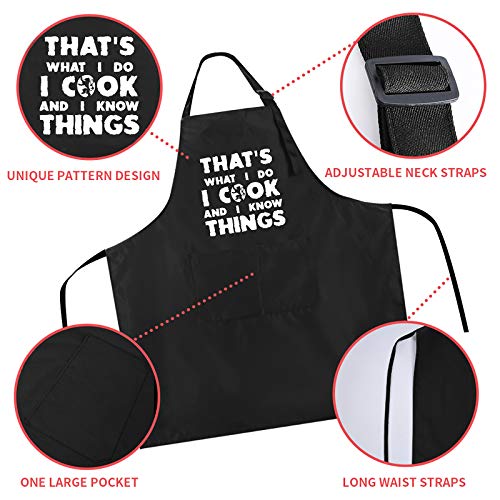 Rosoz Funny BBQ Black Chef Aprons for Men, I Cook and I Know Things Adjustable Kitchen Cooking Aprons with Pocket Waterproof Oil Proof Father’s Day/Birthday