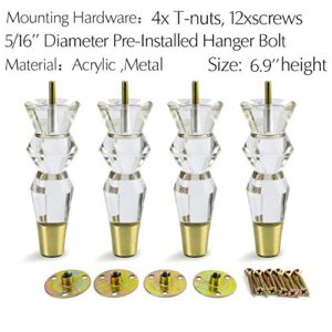 JEREVER Acrylic Furniture Legs 6.9inch Replacement Sofa Feet Cabinet Modern Clear Decor DIY Legs Tapered Style Set of 4 (Gold)