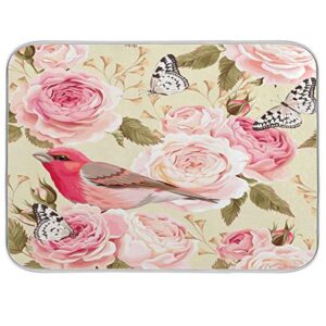 rose birds butterfly dish drying mat 24"x18" absorbent machine washable hanging fast dry pad dish protective mat for kitchen countertop heat resistant dinner table mat
