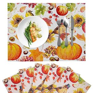 Fall Placemats for Dining Table Autumn Maple Leaves Pumpkin Sunflowers Bird Placemats Set of 6 Thanksgiving Coloring placemats for Dining Kitchen Decor Heat Resistant Waterproof Non-Slip