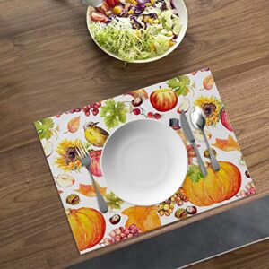 Fall Placemats for Dining Table Autumn Maple Leaves Pumpkin Sunflowers Bird Placemats Set of 6 Thanksgiving Coloring placemats for Dining Kitchen Decor Heat Resistant Waterproof Non-Slip