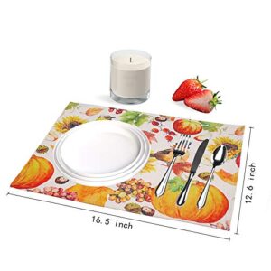 Fall Placemats for Dining Table Autumn Maple Leaves Pumpkin Sunflowers Bird Placemats Set of 6 Thanksgiving Coloring placemats for Dining Kitchen Decor Heat Resistant Waterproof Non-Slip