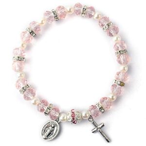 hanlincc women's beaded stretch rosary bracelet with crucifix and miraculous medal (pink)