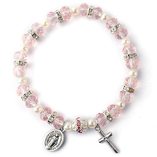 HanlinCC Women's Beaded Stretch Rosary Bracelet with Crucifix and Miraculous Medal (Pink)