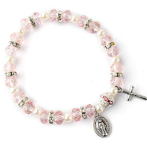 HanlinCC Women's Beaded Stretch Rosary Bracelet with Crucifix and Miraculous Medal (Pink)