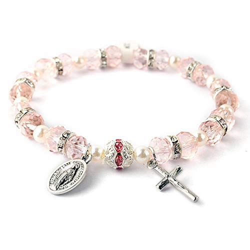 HanlinCC Women's Beaded Stretch Rosary Bracelet with Crucifix and Miraculous Medal (Pink)