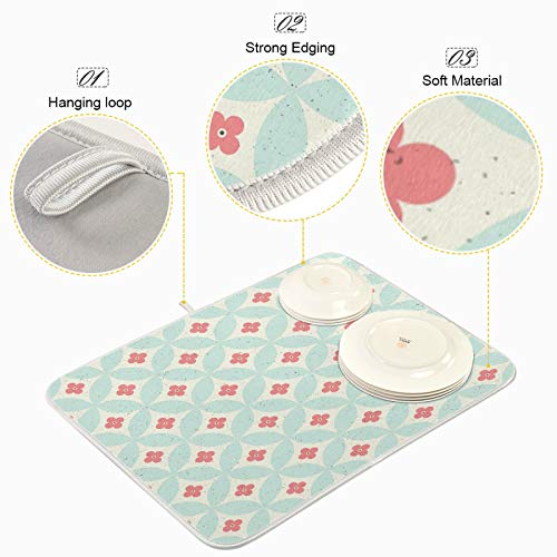 Flower Circle Pattern Dish Drying Mat 24"x18" Absorbent Machine Washable Hanging Fast Dry Pad Dish Protective Mat for Kitchen Countertop Heat Resistant Dinner Table Mat