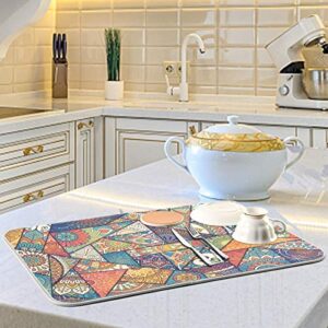 Ethnic Print Geometric Dish Drying Mat 16"x18" Absorbent Machine Washable Hanging Fast Dry Pad Dish Protective Mat for Kitchen Countertop Heat Resistant Dinner Table Mat