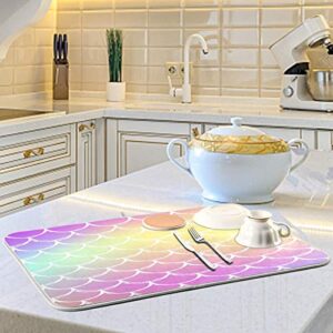 Sea Mermaid Scales Dish Drying Mat 24"x18" Absorbent Machine Washable Hanging Fast Dry Pad Dish Protective Mat for Kitchen Countertop Heat Resistant Dinner Table Mat