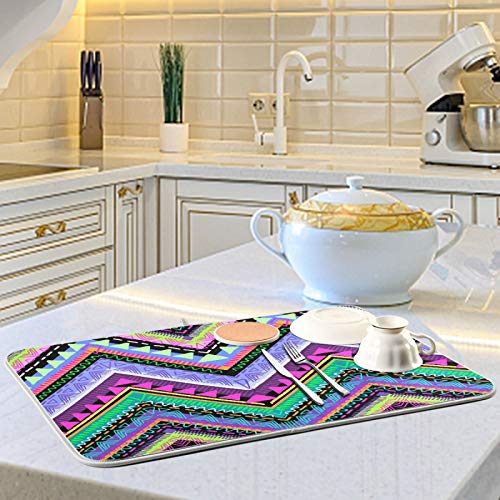 Christmas Ethnic Texture Dish Drying Mat 16"x18" Absorbent Machine Washable Hanging Fast Dry Pad Dish Protective Mat for Kitchen Countertop Heat Resistant Dinner Table Mat
