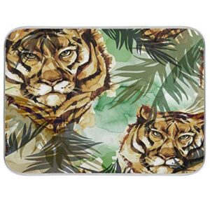 tropical leaves tiger dish drying mat 16"x18" absorbent machine washable hanging fast dry pad dish protective mat for kitchen countertop heat resistant dinner table mat