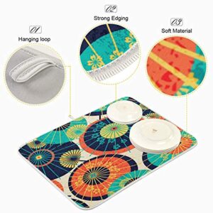 Japanese Theme Umbrella Dish Drying Mat 16"x18" Absorbent Machine Washable Hanging Fast Dry Pad Dish Protective Mat for Kitchen Countertop Heat Resistant Dinner Table Mat