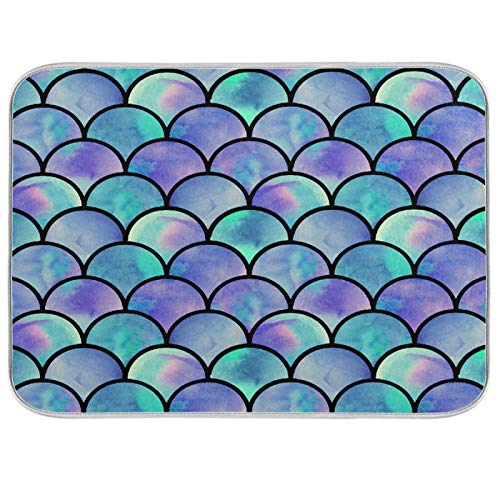 Ocean Mermaid Scales Dish Drying Mat 24"x18" Absorbent Machine Washable Hanging Fast Dry Pad Dish Protective Mat for Kitchen Countertop Heat Resistant Dinner Table Mat