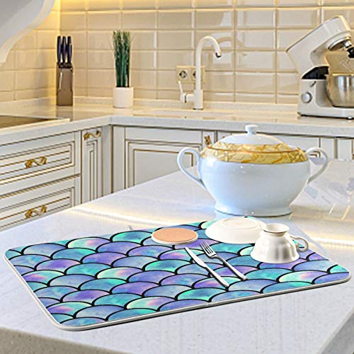 Ocean Mermaid Scales Dish Drying Mat 24"x18" Absorbent Machine Washable Hanging Fast Dry Pad Dish Protective Mat for Kitchen Countertop Heat Resistant Dinner Table Mat