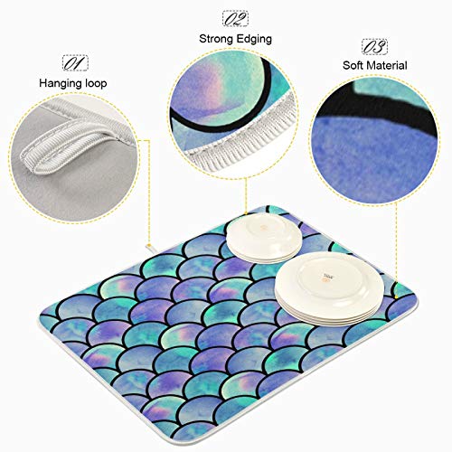 Ocean Mermaid Scales Dish Drying Mat 24"x18" Absorbent Machine Washable Hanging Fast Dry Pad Dish Protective Mat for Kitchen Countertop Heat Resistant Dinner Table Mat