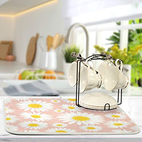 Flower Daisy Print Dish Drying Mat 16"x18" Absorbent Machine Washable Hanging Fast Dry Pad Dish Protective Mat for Kitchen Countertop Heat Resistant Dinner Table Mat