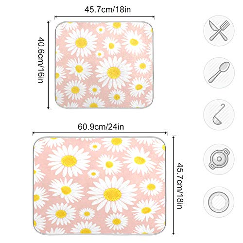 Flower Daisy Print Dish Drying Mat 16"x18" Absorbent Machine Washable Hanging Fast Dry Pad Dish Protective Mat for Kitchen Countertop Heat Resistant Dinner Table Mat