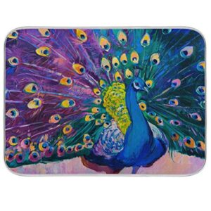 painting beautiful peacock animal dish drying mat 16"x18" absorbent machine washable hanging fast dry pad dish protective mat for kitchen countertop heat resistant dinner table mat