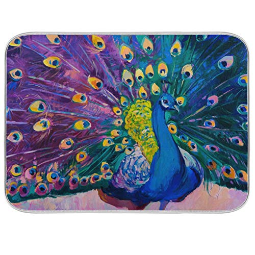 Painting Beautiful Peacock Animal Dish Drying Mat 16"x18" Absorbent Machine Washable Hanging Fast Dry Pad Dish Protective Mat for Kitchen Countertop Heat Resistant Dinner Table Mat