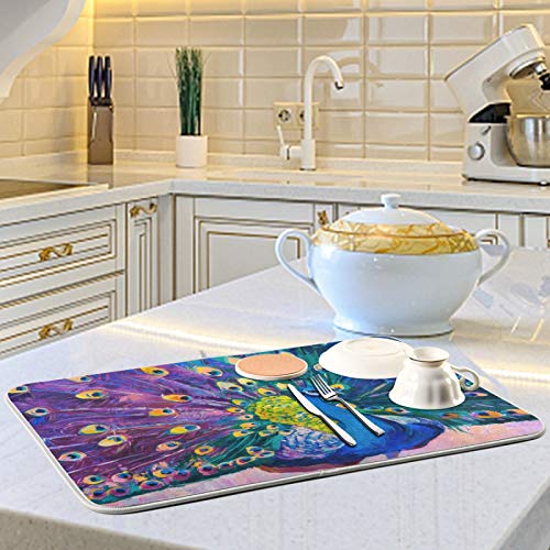 Painting Beautiful Peacock Animal Dish Drying Mat 16"x18" Absorbent Machine Washable Hanging Fast Dry Pad Dish Protective Mat for Kitchen Countertop Heat Resistant Dinner Table Mat