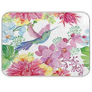 bird hummingbird flowers orchids butterfly dish drying mat 16"x18" absorbent machine washable hanging fast dry pad dish protective mat for kitchen countertop heat resistant dinner table mat