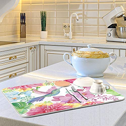 Bird Hummingbird Flowers Orchids Butterfly Dish Drying Mat 16"x18" Absorbent Machine Washable Hanging Fast Dry Pad Dish Protective Mat for Kitchen Countertop Heat Resistant Dinner Table Mat