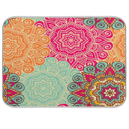 Floral Mandala Trippy Dish Drying Mat 24"x18" Absorbent Machine Washable Hanging Fast Dry Pad Dish Protective Mat for Kitchen Countertop Heat Resistant Dinner Table Mat