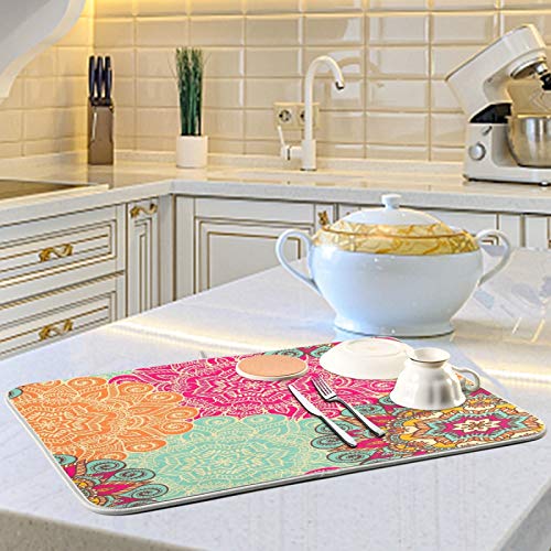 Floral Mandala Trippy Dish Drying Mat 24"x18" Absorbent Machine Washable Hanging Fast Dry Pad Dish Protective Mat for Kitchen Countertop Heat Resistant Dinner Table Mat