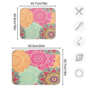 Floral Mandala Trippy Dish Drying Mat 24"x18" Absorbent Machine Washable Hanging Fast Dry Pad Dish Protective Mat for Kitchen Countertop Heat Resistant Dinner Table Mat