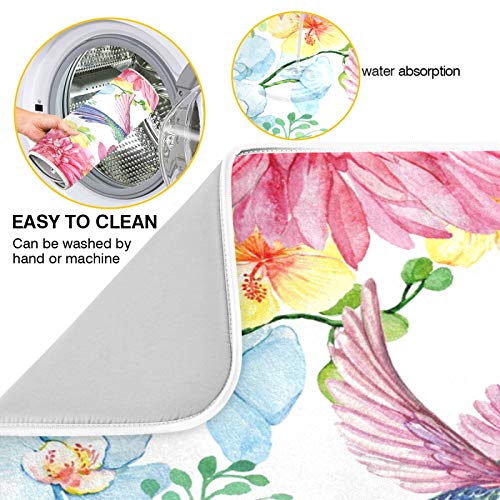 Bird Hummingbird Flowers Orchids Butterfly Dish Drying Mat 24"x18" Absorbent Machine Washable Hanging Fast Dry Pad Dish Protective Mat for Kitchen Countertop Heat Resistant Dinner Table Mat