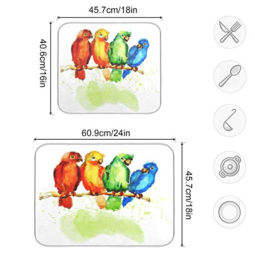 Watercolour Parrot Bird Tree Dish Drying Mat 24"x18" Absorbent Machine Washable Hanging Fast Dry Pad Dish Protective Mat for Kitchen Countertop Heat Resistant Dinner Table Mat