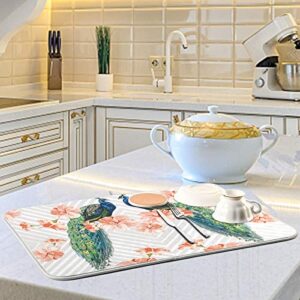 Animal Peacock Flower Floral Dish Drying Mat 24"x18" Absorbent Machine Washable Hanging Fast Dry Pad Dish Protective Mat for Kitchen Countertop Heat Resistant Dinner Table Mat