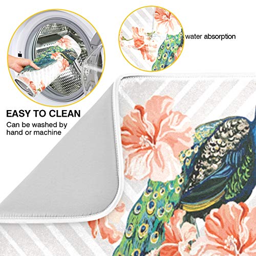 Animal Peacock Flower Floral Dish Drying Mat 24"x18" Absorbent Machine Washable Hanging Fast Dry Pad Dish Protective Mat for Kitchen Countertop Heat Resistant Dinner Table Mat