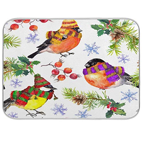 Cute Birds Winter Watercolor Dish Drying Mat 16"x18" Absorbent Machine Washable Hanging Fast Dry Pad Dish Protective Mat for Kitchen Countertop Heat Resistant Dinner Table Mat