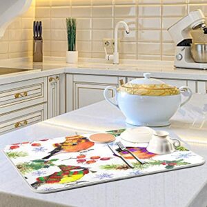 Cute Birds Winter Watercolor Dish Drying Mat 16"x18" Absorbent Machine Washable Hanging Fast Dry Pad Dish Protective Mat for Kitchen Countertop Heat Resistant Dinner Table Mat