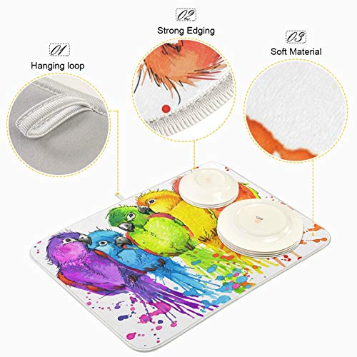 Colorful Bird Parrot Animal Dish Drying Mat 24"x18" Absorbent Machine Washable Hanging Fast Dry Pad Dish Protective Mat for Kitchen Countertop Heat Resistant Dinner Table Mat