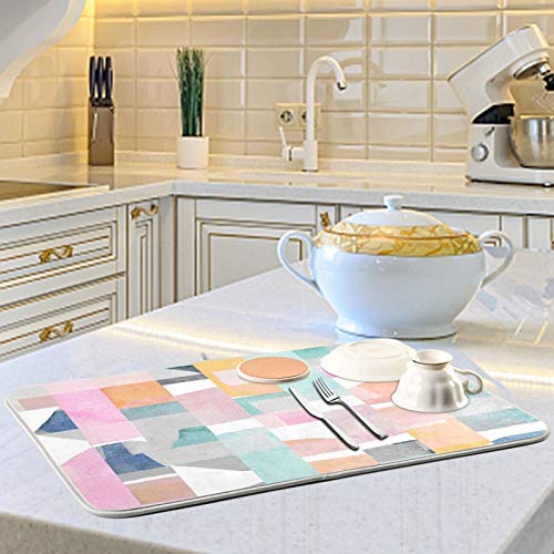 Abstract Geometric Modern Watercolor Dish Drying Mat 16"x18" Absorbent Machine Washable Hanging Fast Dry Pad Dish Protective Mat for Kitchen Countertop Heat Resistant Dinner Table Mat