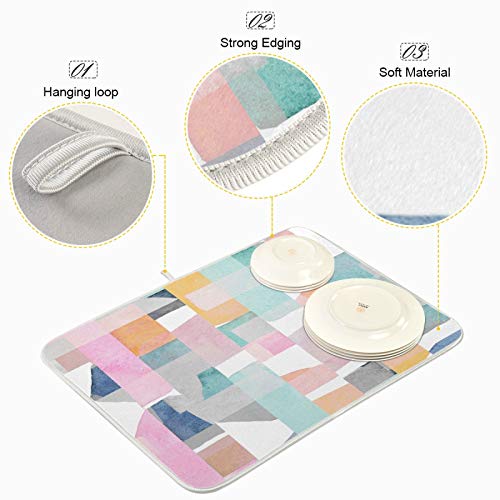 Abstract Geometric Modern Watercolor Dish Drying Mat 16"x18" Absorbent Machine Washable Hanging Fast Dry Pad Dish Protective Mat for Kitchen Countertop Heat Resistant Dinner Table Mat