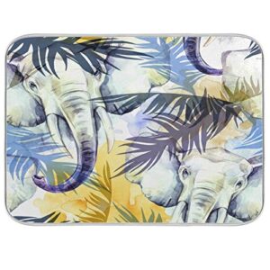 tropical leaves elephant pattern dish drying mat 24"x18" absorbent machine washable hanging fast dry pad dish protective mat for kitchen countertop heat resistant dinner table mat