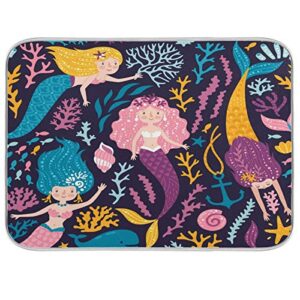 cute mermaids whale corals seaweed dish drying mat 24"x18" absorbent machine washable hanging fast dry pad dish protective mat for kitchen countertop heat resistant dinner table mat