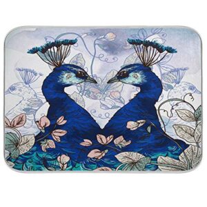 painting lovely heart peacock dish drying mat 24"x18" absorbent machine washable hanging fast dry pad dish protective mat for kitchen countertop heat resistant dinner table mat