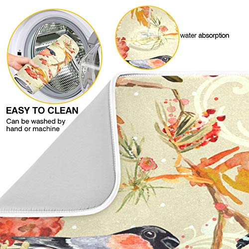 Vintage Cute Birds Watercolor Dish Drying Mat 24"x18" Absorbent Machine Washable Hanging Fast Dry Pad Dish Protective Mat for Kitchen Countertop Heat Resistant Dinner Table Mat