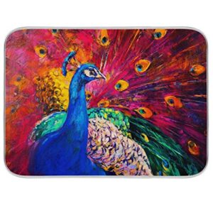 painting animal beautiful peacock dish drying mat 24"x18" absorbent machine washable hanging fast dry pad dish protective mat for kitchen countertop heat resistant dinner table mat